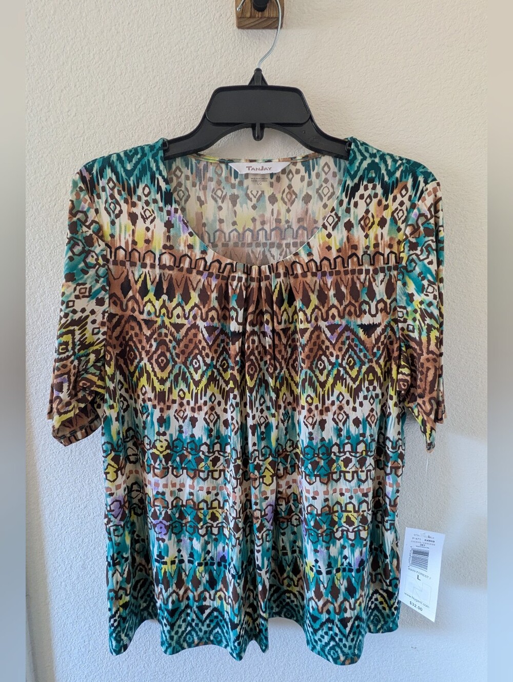 Boho Geometric Print Teal Brown Flowy Stretch Top TanJay L NWT